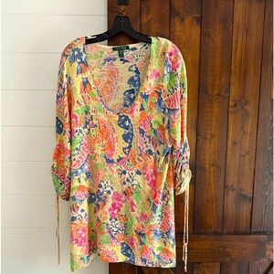 Ralph Lauren 2X Sweater Tunic 100% Silk Light Kit Pullover Tab Sleeves V Neck